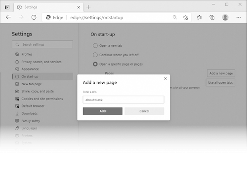 Screenshot of Microsoft Edge’s homepage settings