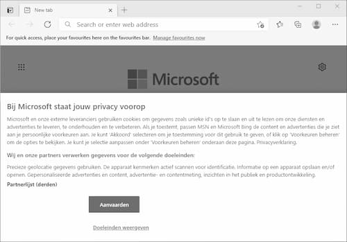 Screenshot of Microsoft Edge’s new tab with cookie warning