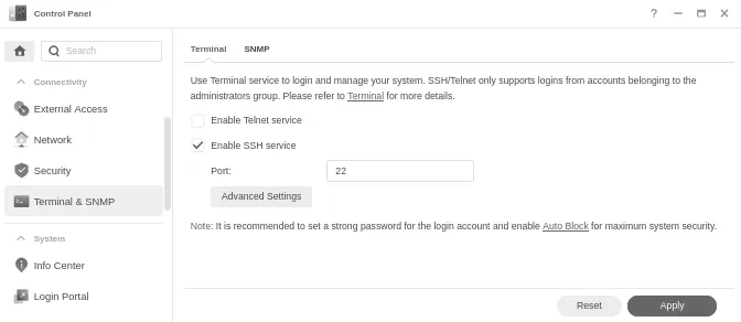 Screenshot from the Synology Control Panel: Terminal & SNMP section