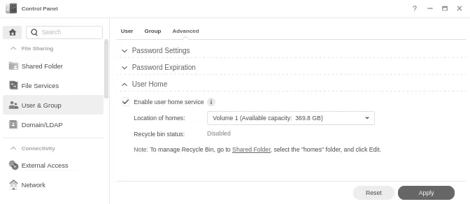 Screenshot from the Synology Control Panel: User & Group section